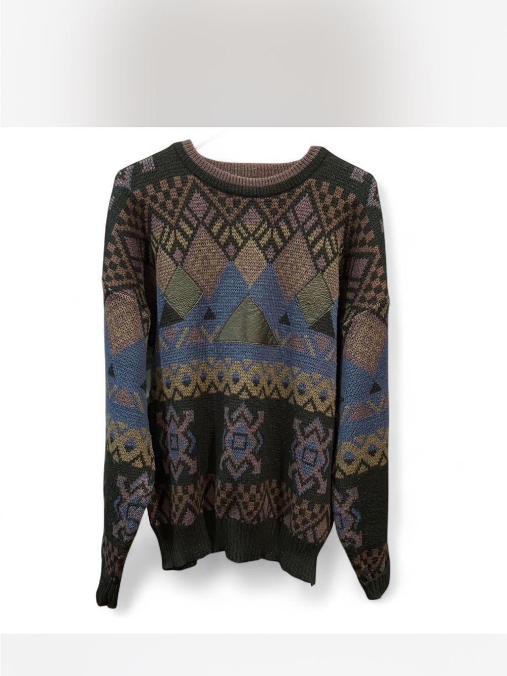 90s Men's Multicolor Geometric Crewneck Sweater — genuine leather trim detail